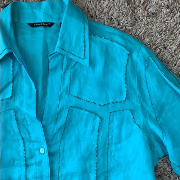 SAMUEL DONG 100% Linen Button Down Teal Top - Picture 8 of 16